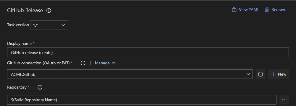 screenshot of GitHub connection and repository properties