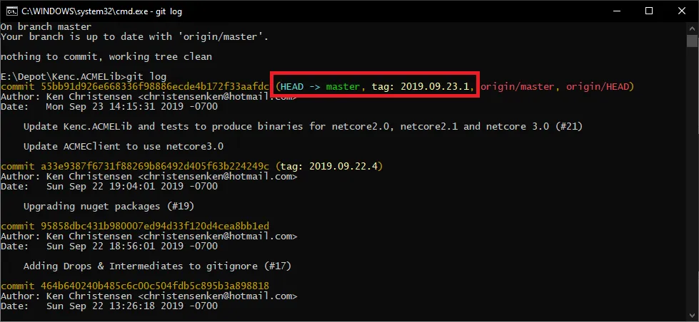 Screenshot of Git log showing the version tag was added on the target commit