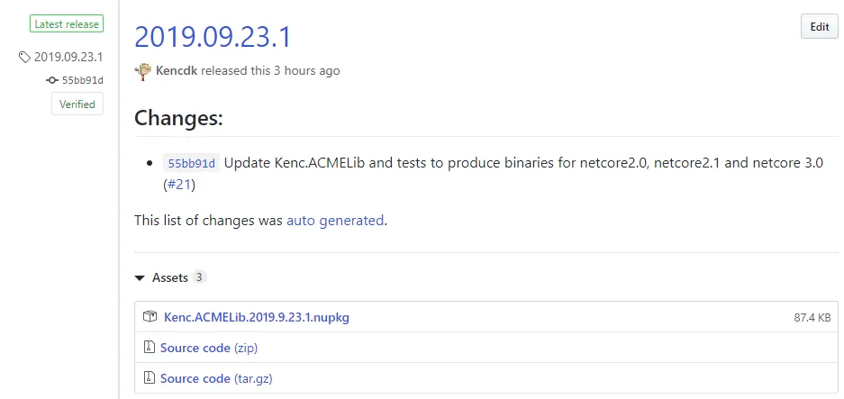 Screenshot of GitHub release of Kenc.ACMELib
